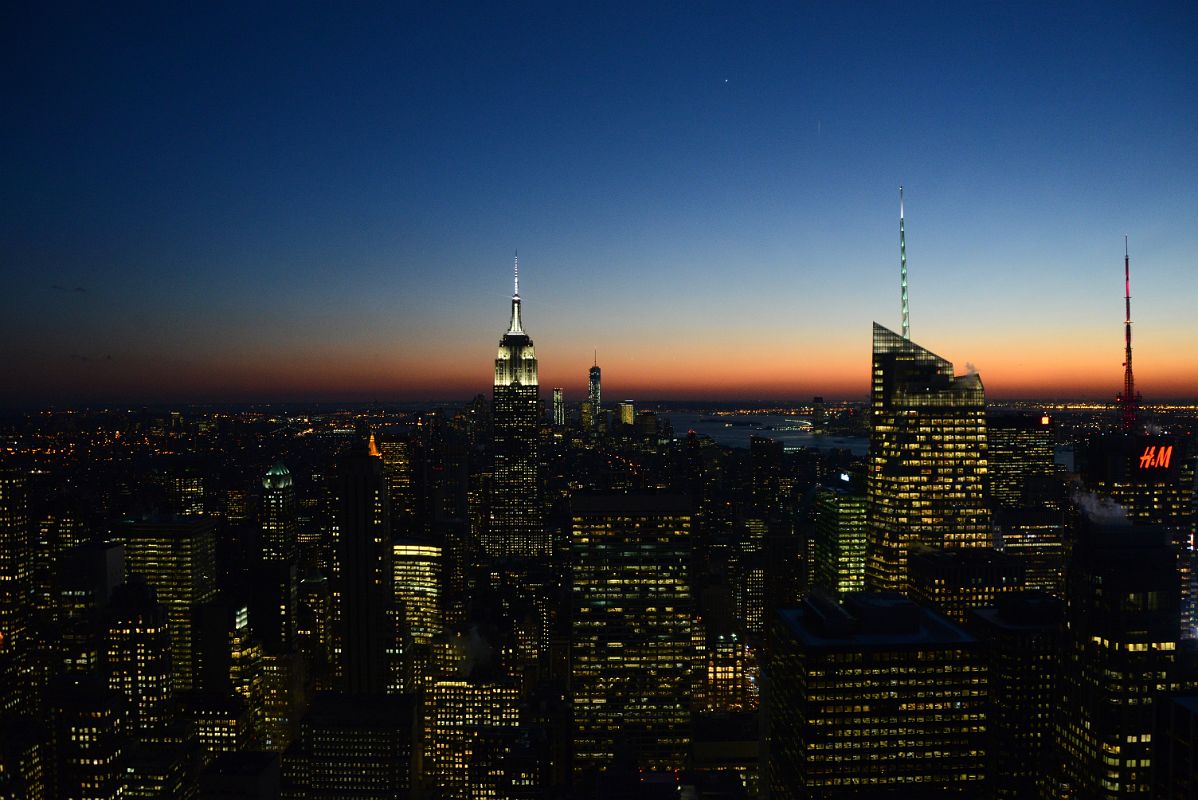 New York City Top Of The Rock 14C South Midtown To Empire State Building To World Trade Center Financial District, Bank of America Tower After Sunset